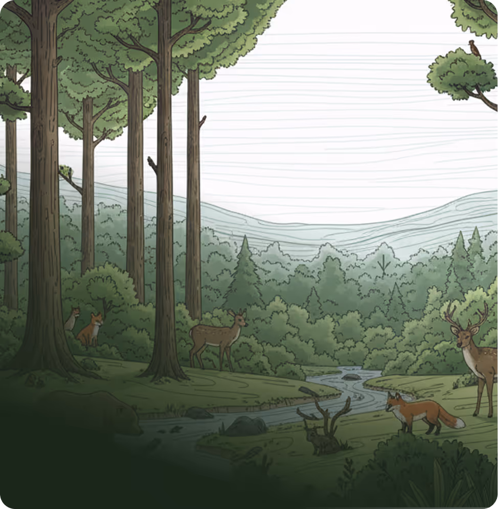 Healthy forest ecosystem with wildlife living among tall trees.