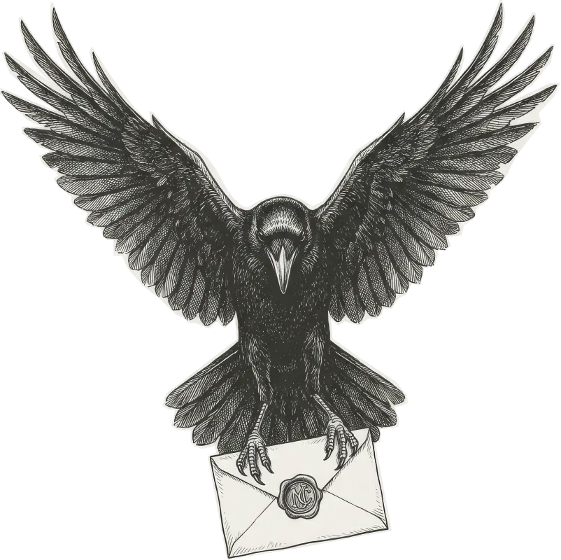 Antique engraving of a crow carrying a wax-sealed letter — marketing as ammunition a champion forwards