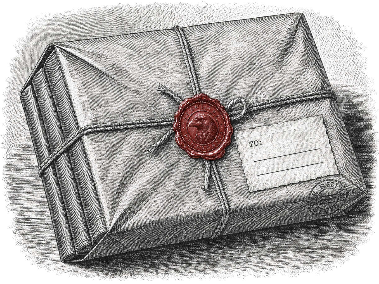 The three-volume set wrapped in kraft paper and twine, sealed in red wax with the raven mark — steel engraving