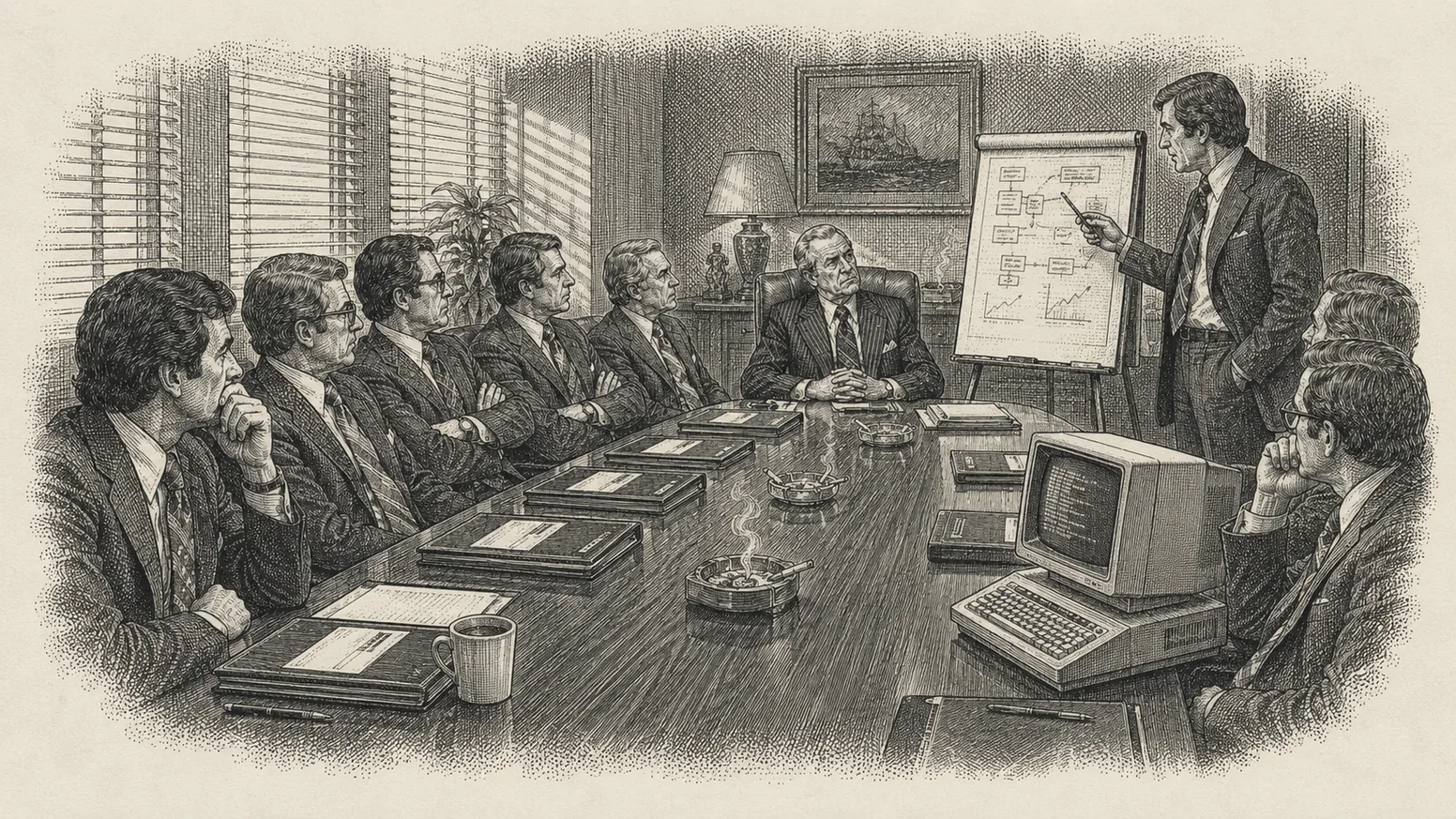 IBM selection committee around a boardroom table, early 1980s — steel engraving