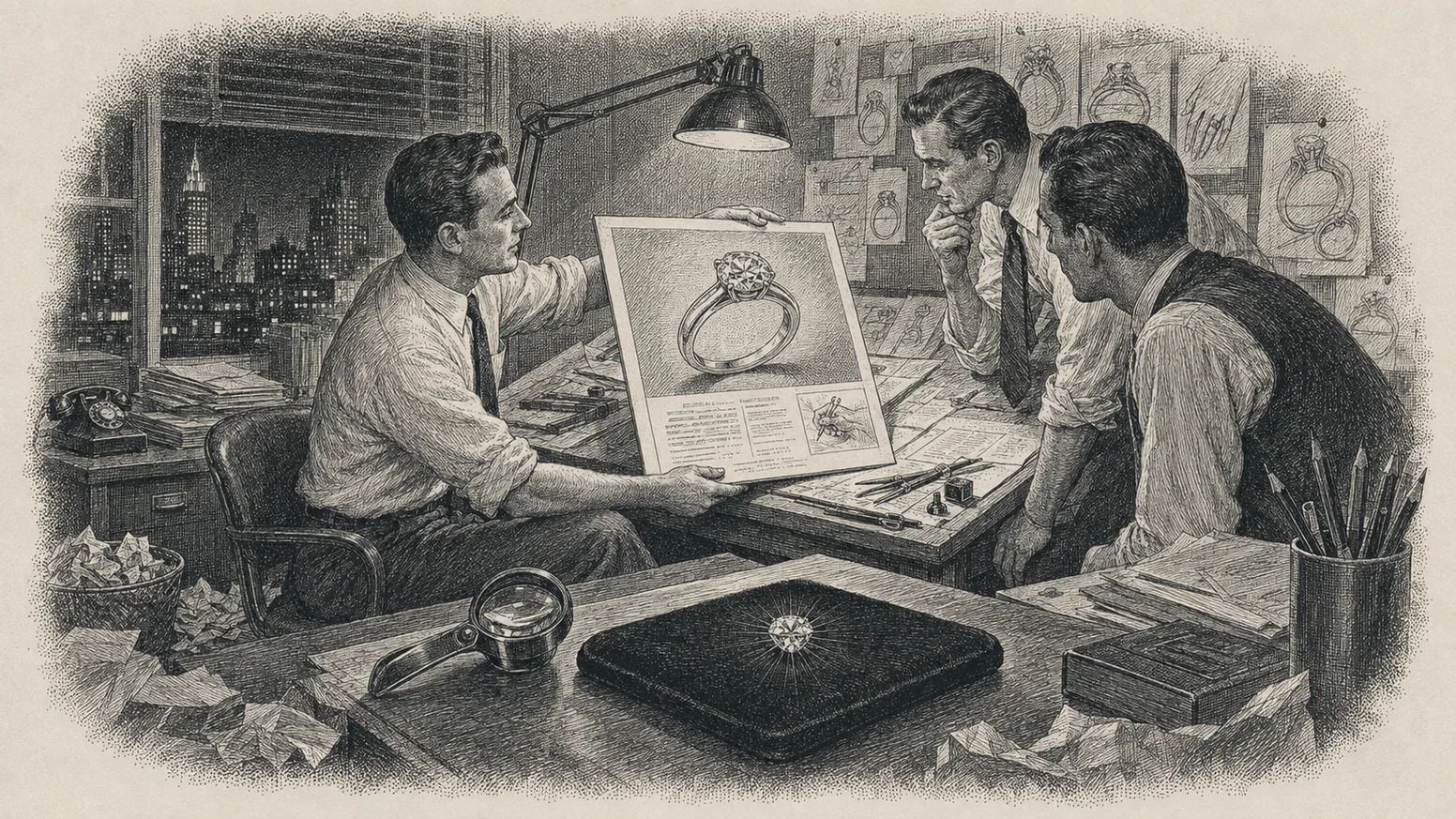 Madison Avenue studio at work on A Diamond Is Forever, 1947 — steel engraving