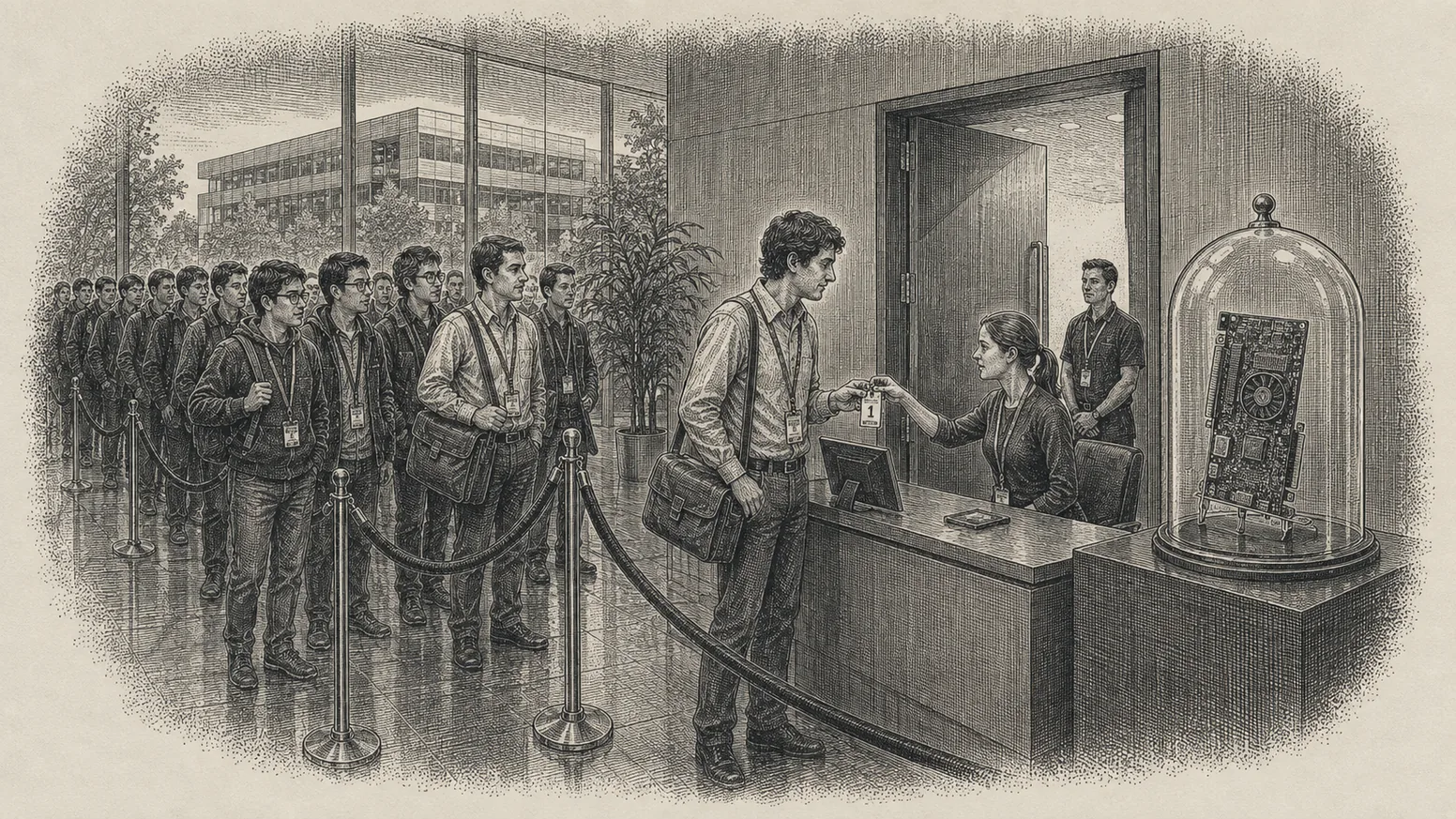 Engineers queue for early CUDA developer credentials, access as signal — steel engraving