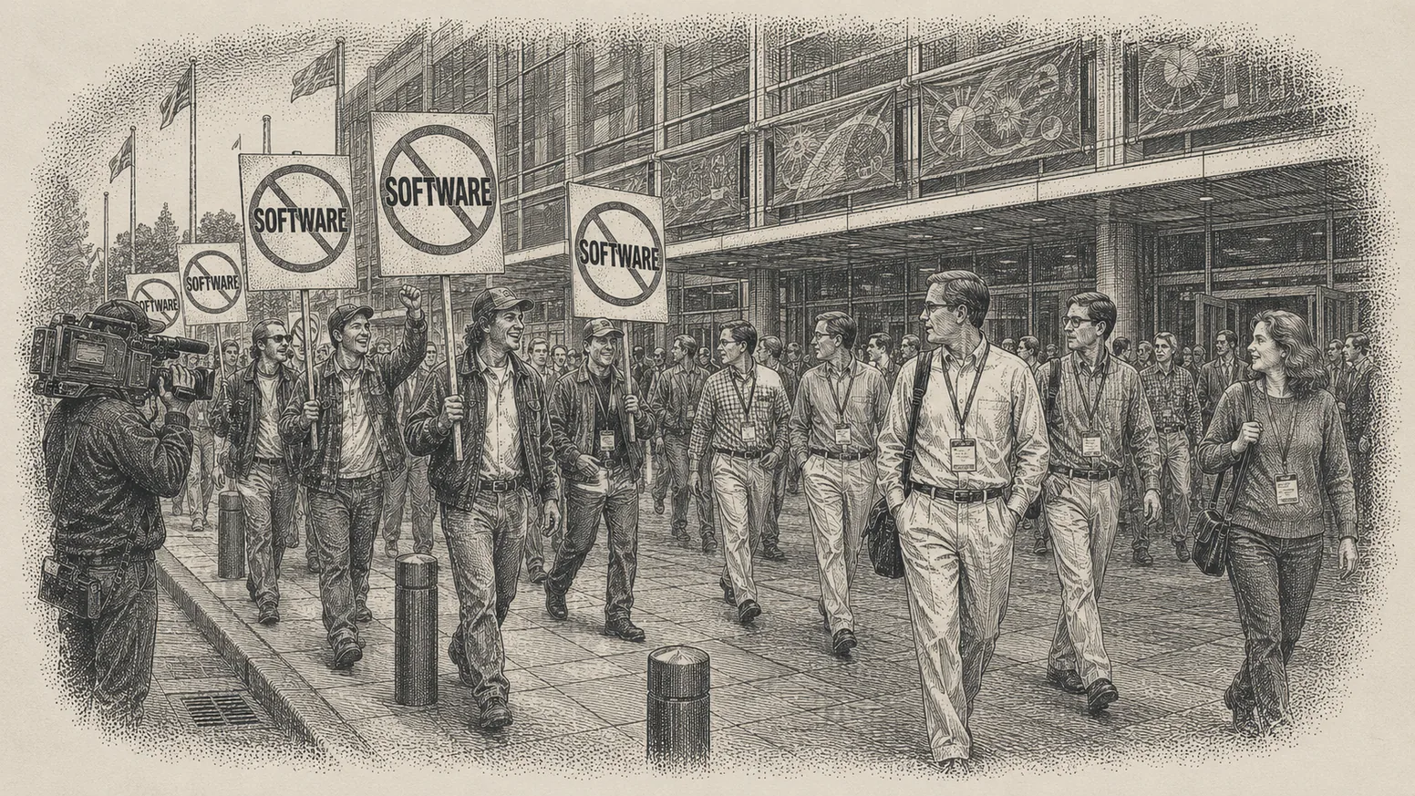 The No Software picket outside a user conference, 1999 — steel engraving