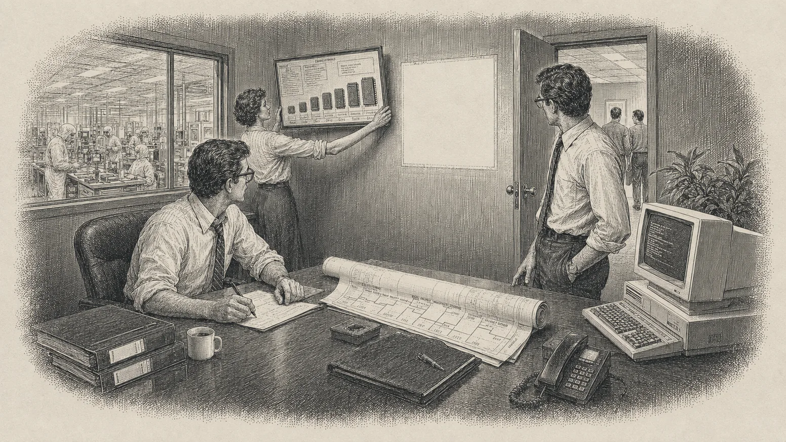 Intel office, 1985 — the year the founding product was killed and the company kept — steel engraving