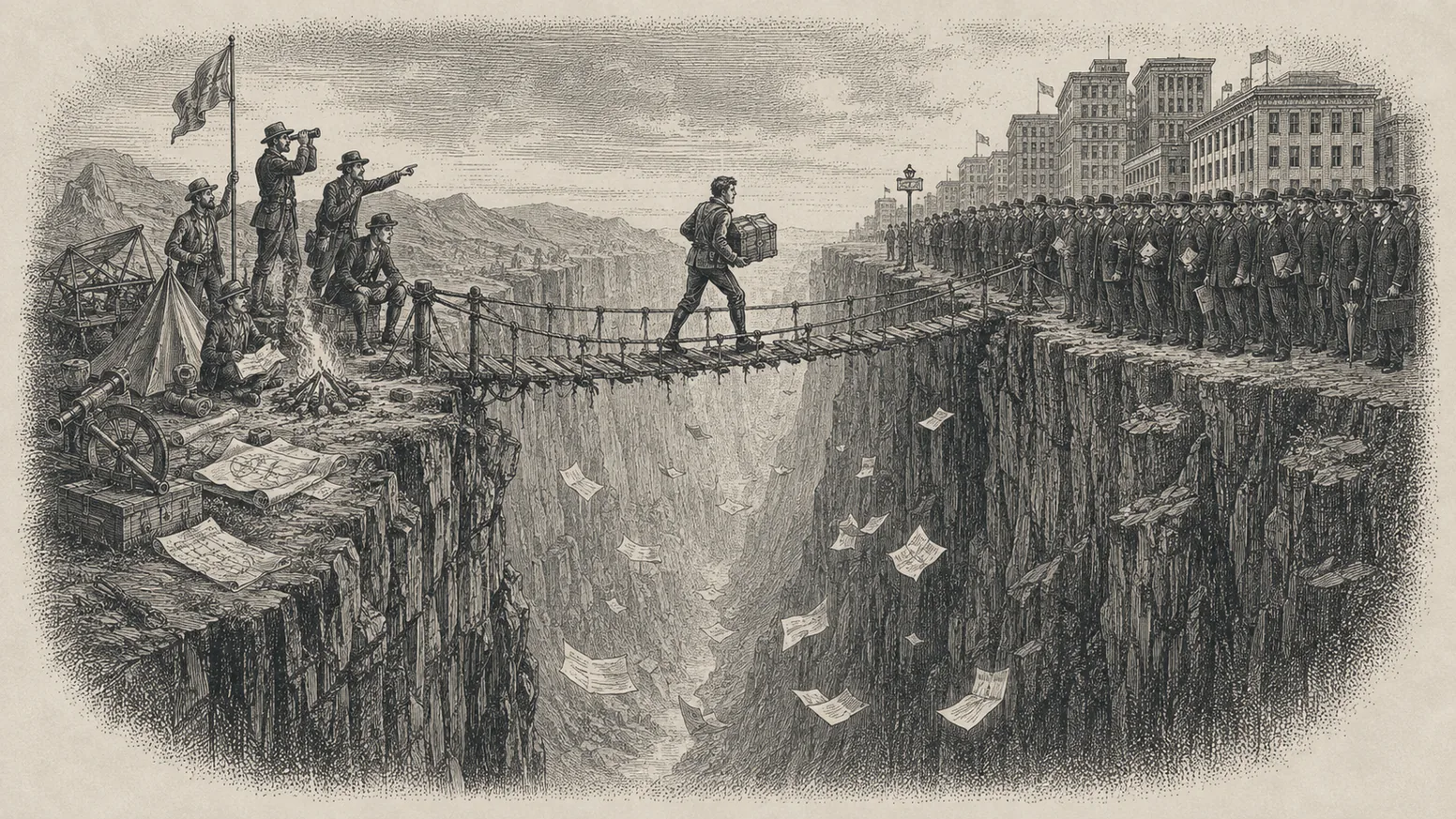 The chasm between visionaries and pragmatists, a rope bridge crossing — steel engraving