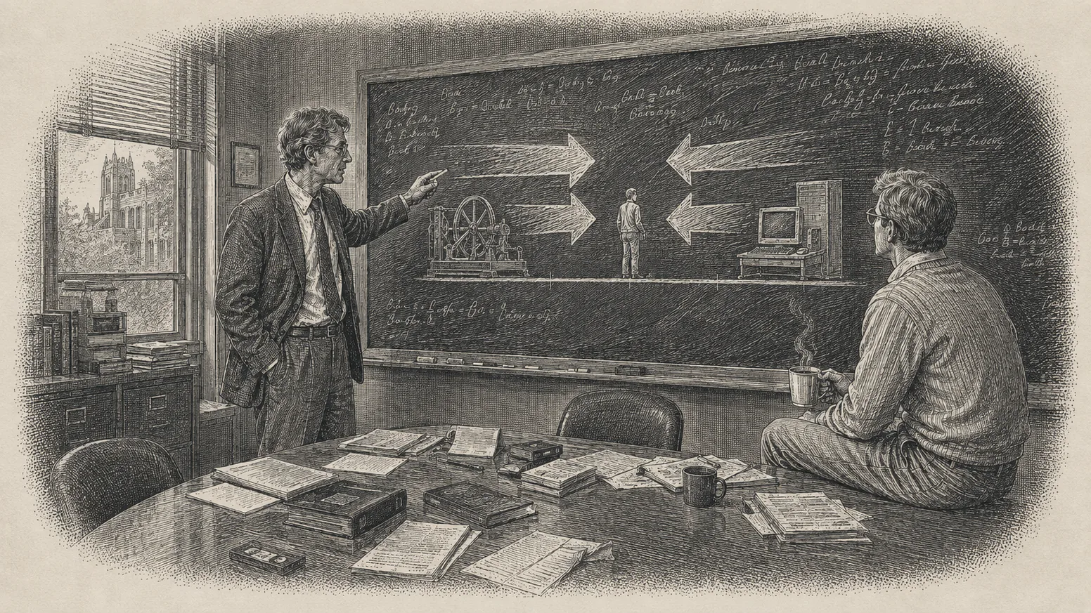 The four forces of a switch diagrammed on a chalkboard — steel engraving