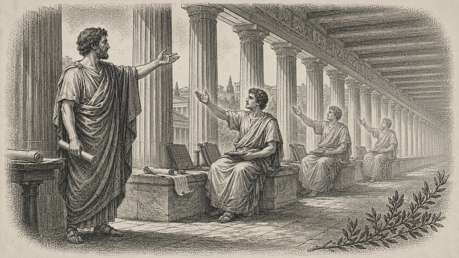 An orator in the Lyceum colonnade, the gesture repeated down the row — steel engraving