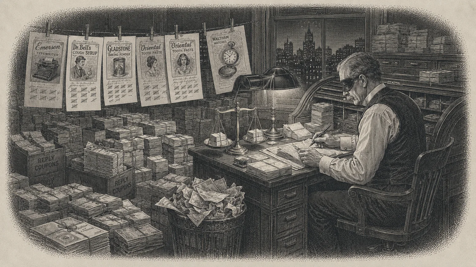 Claude Hopkins at his desk among coupon-reply bundles, 1923 — steel engraving