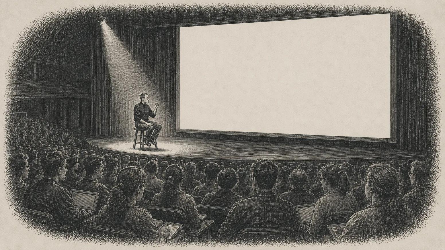 A lone presenter on a bare stage, 1997 — steel engraving