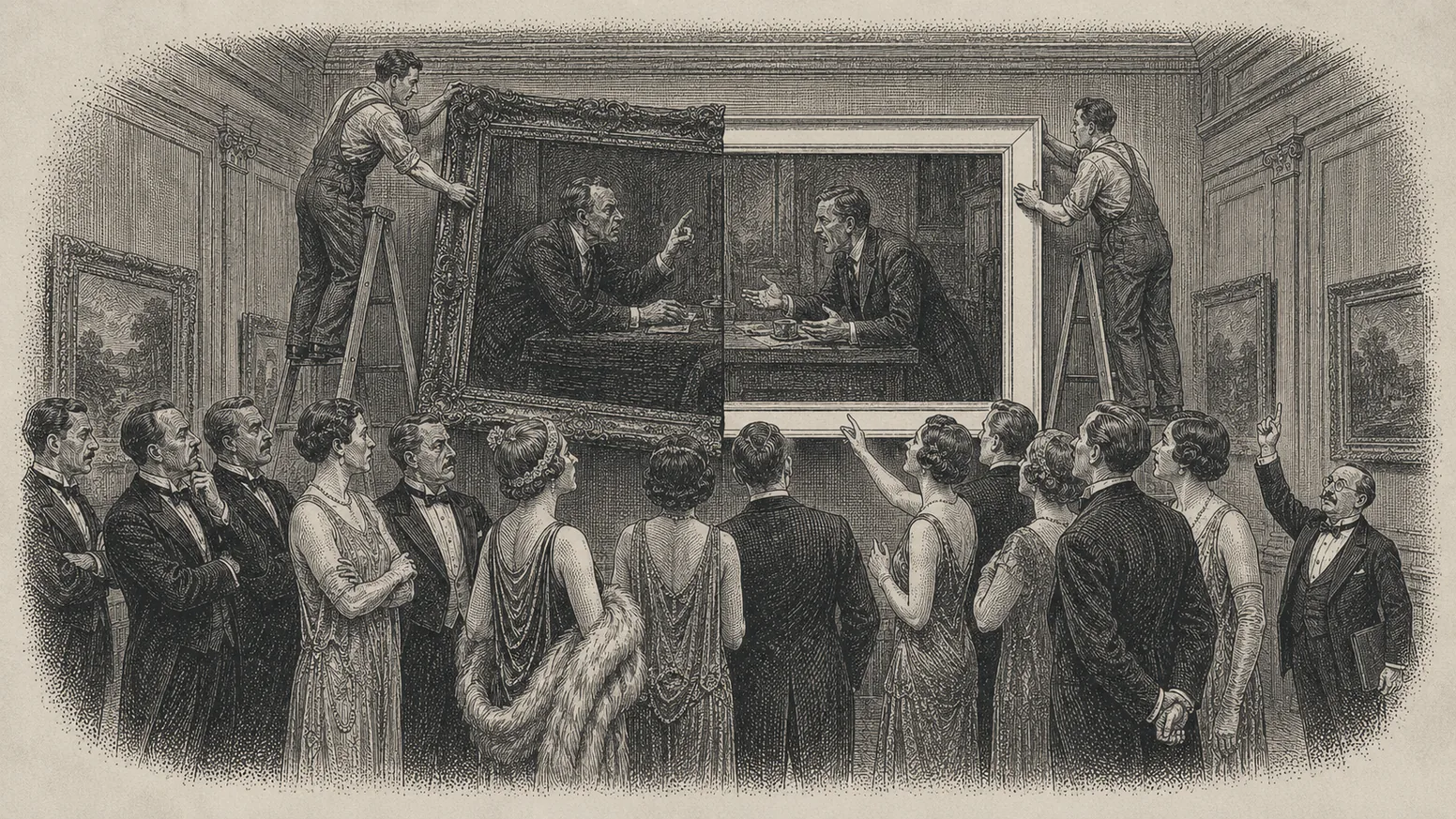 The same painting rehung in a new frame before a gallery crowd — steel engraving