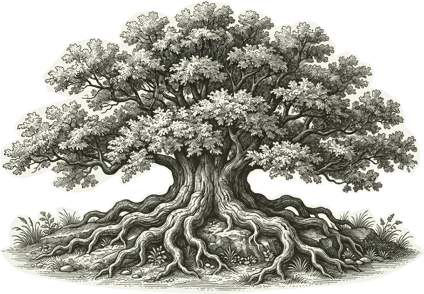 Antique engraving of a broad oak with deep, sprawling roots — the enduring foundations of marketing