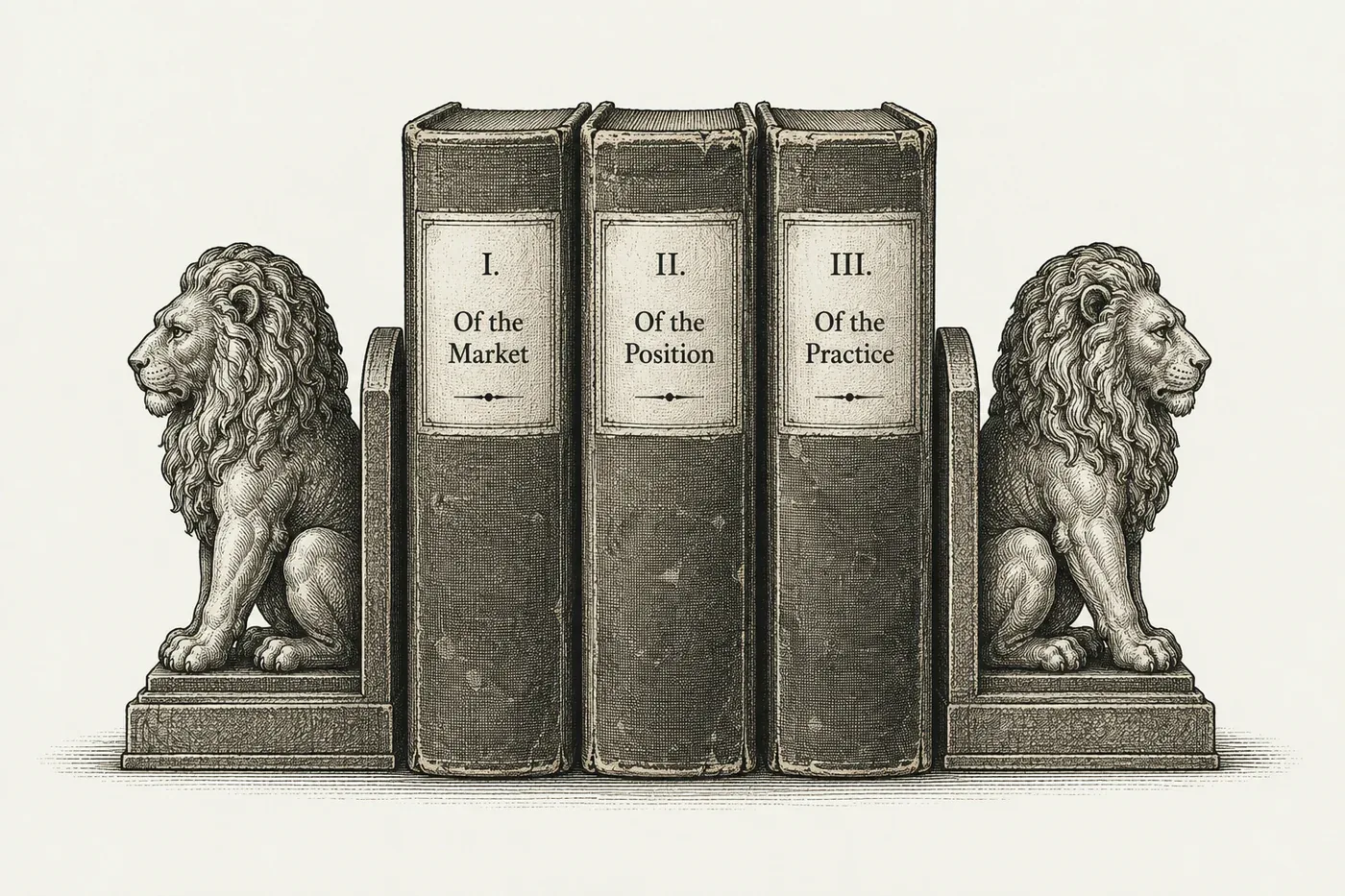 Lion bookends holding three bound volumes — I. Of the Market, II. Of the Position, III. Of the Practice