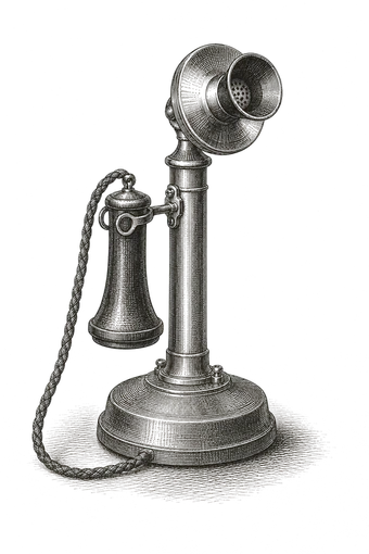An engraving of a candlestick desk telephone with the receiver lifted off its hook
