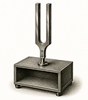 An engraving of a laboratory tuning fork mounted on its wooden resonator box