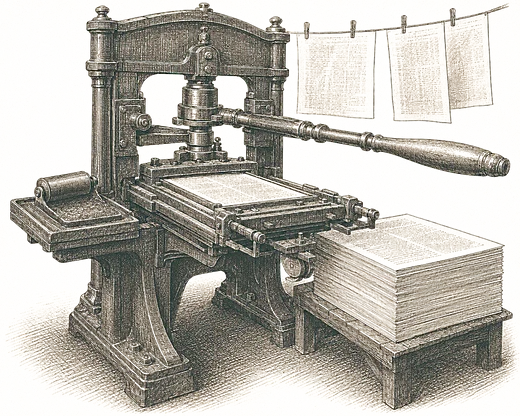 An engraving of a Victorian iron hand printing press with a stack of freshly printed sheets beside it
