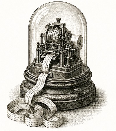 An engraving of a stock ticker under a glass dome, printed tape coiling from its slot
