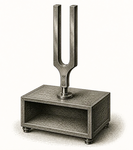 An engraving of a laboratory tuning fork mounted on its wooden resonator box