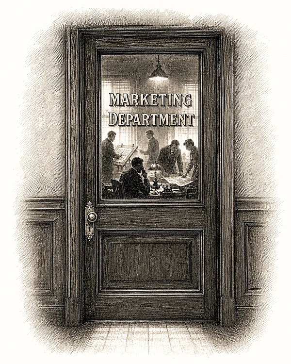 An engraving of a Victorian office door, MARKETING DEPARTMENT lettered in gold on the glass, a room full of people at work behind it