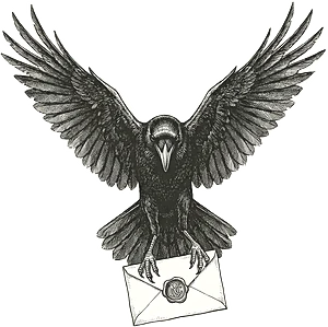 An engraved raven in flight, wings spread, carrying a wax-sealed envelope in its talons
