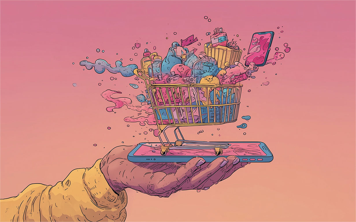 Hand holding cell phone with full shopping cart on it
