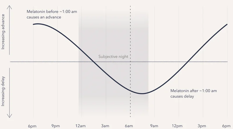 Melatonin phase response curve: melatonin before about 1 am advances the circadian clock, after about 1 am it delays it