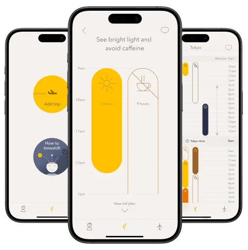 Timeshifter jet lag app screens