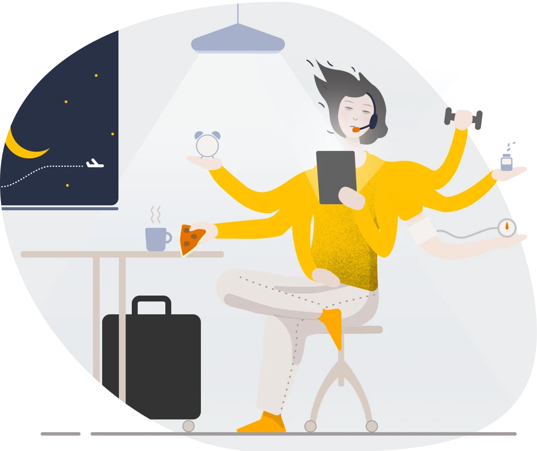 Worker juggling travel, work, exercise and late nights, illustrating 24/7 lifestyles that disrupt circadian rhythms