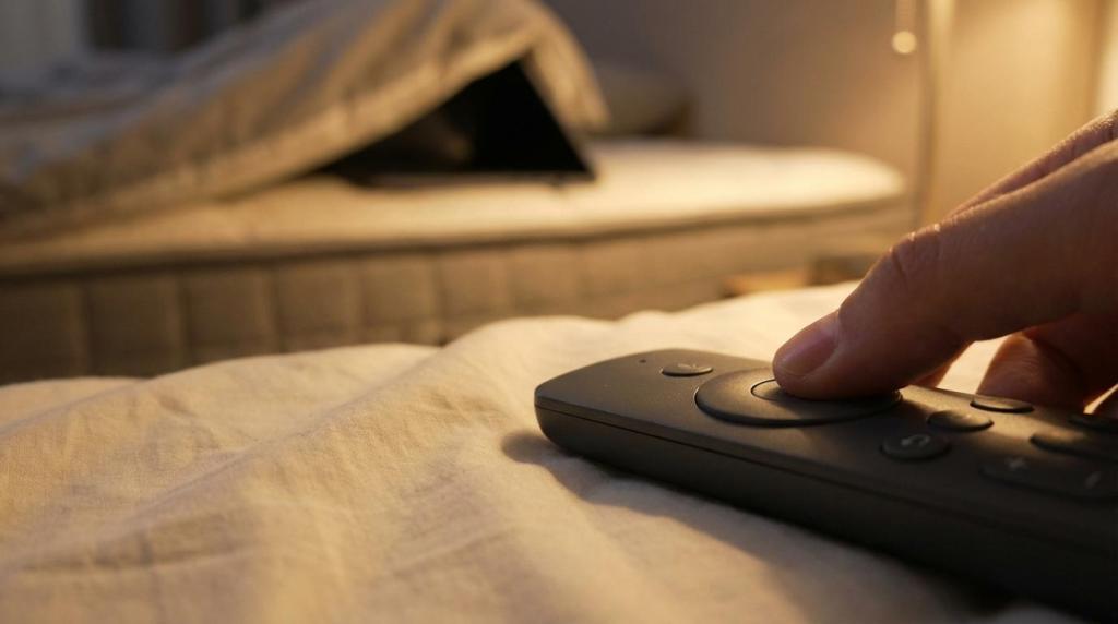 Hand pressing a remote on a bed, for hot sleepers comparing bed cooling energy costs