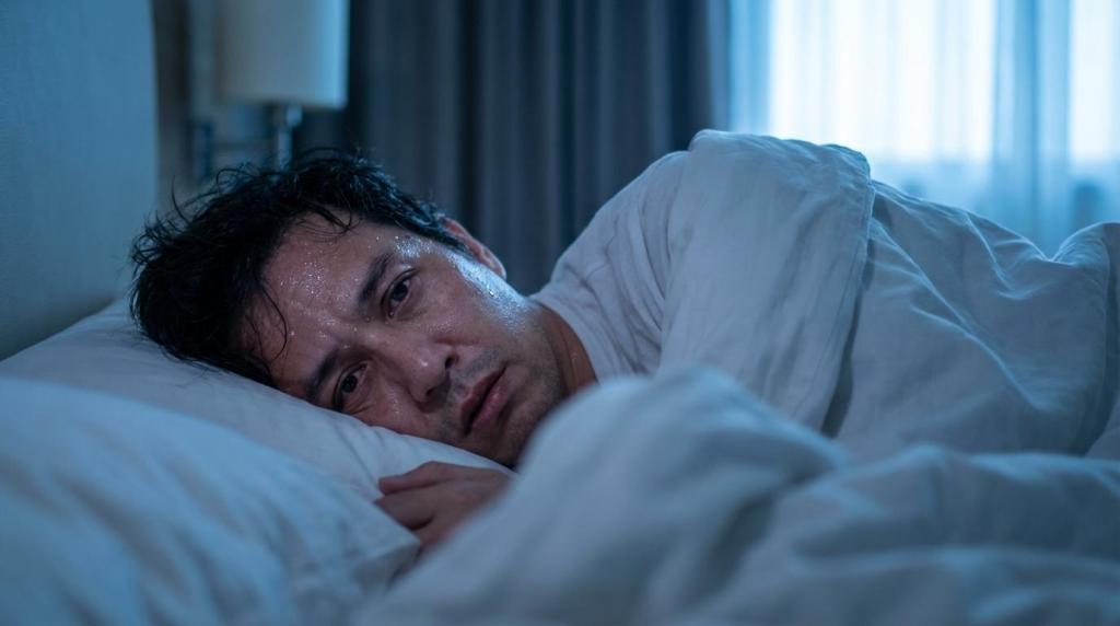 Man lying awake in a bright bedroom, a hot sleeper who travels