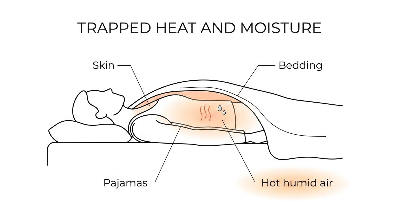 Labeled cutaway of a sleeper in bed showing skin, sweat, pajamas, bedding, trapped warm humid air, and airflow under the covers.