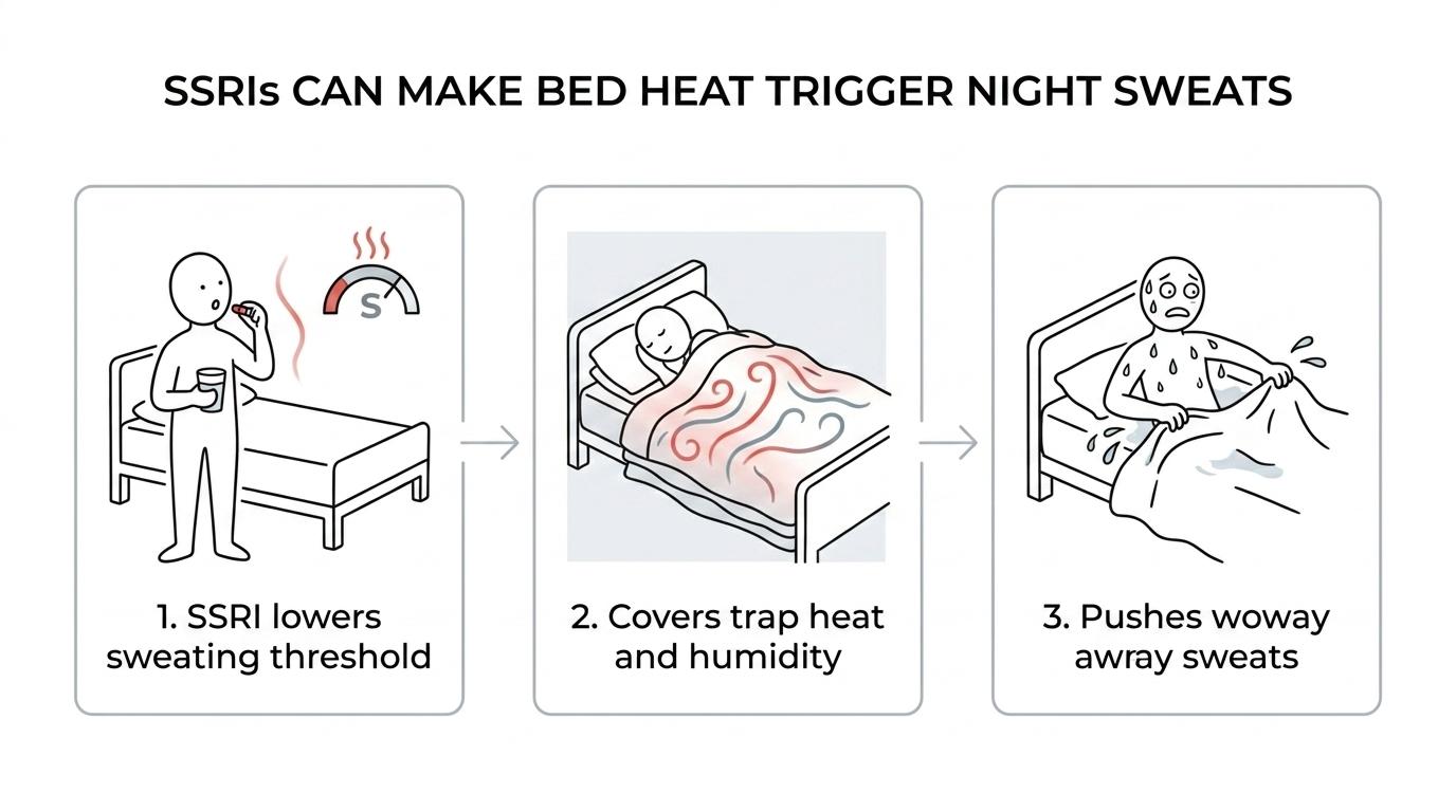 Step-by-step diagram showing SSRI effects on temperature regulation leading to trapped heat under bedding, sweating, and waking up overheated.