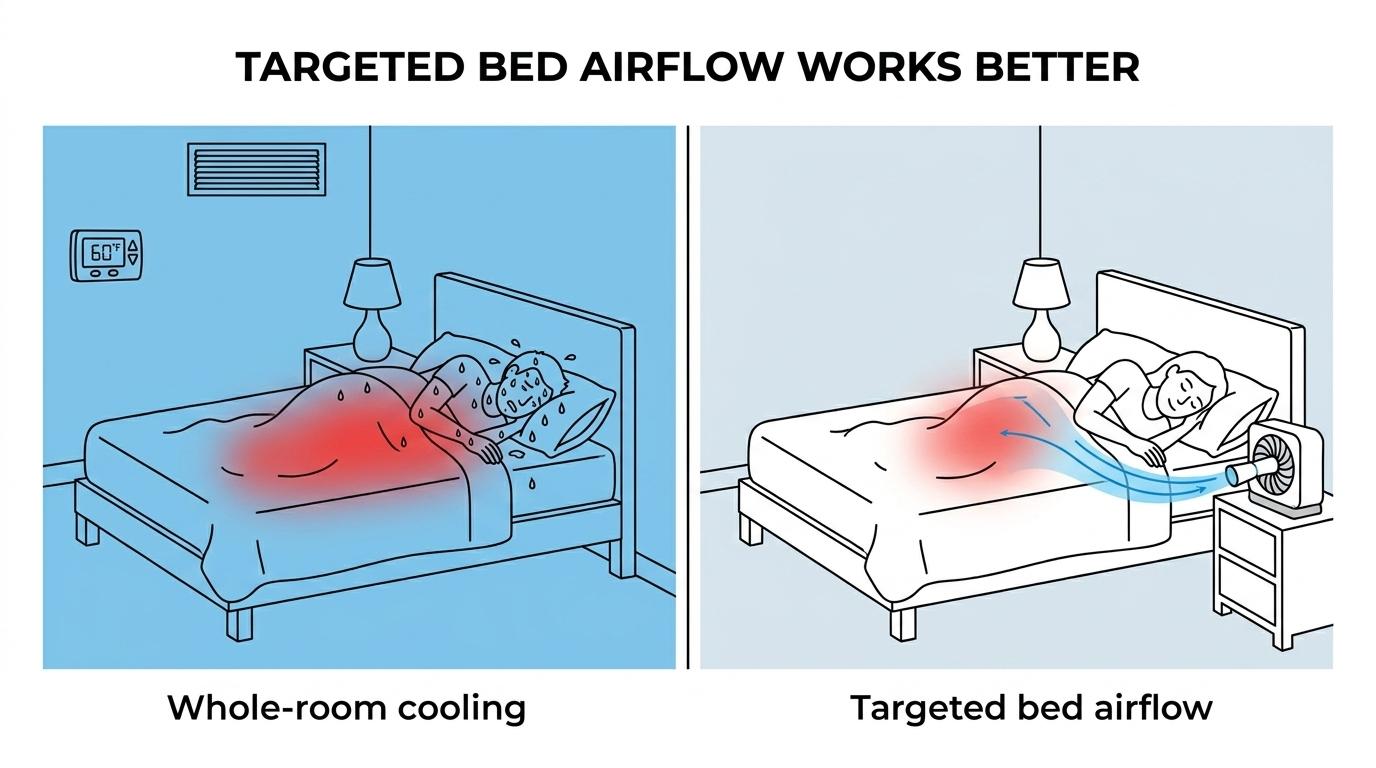 Side-by-side view of whole-room cooling versus a bed fan sending room air under blankets to cool the sleeper.