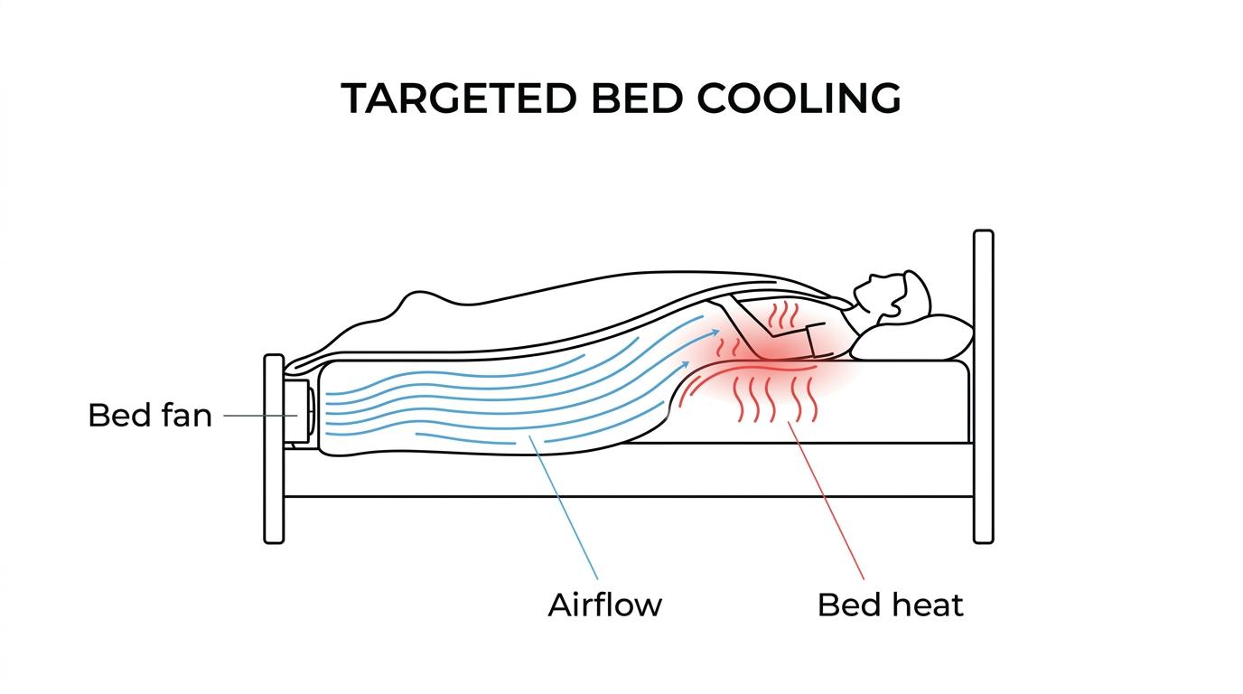 A bed with a fan at the foot pushing room air between the sheets, with labels showing trapped heat under the covers and cooler airflow around the sleeper.