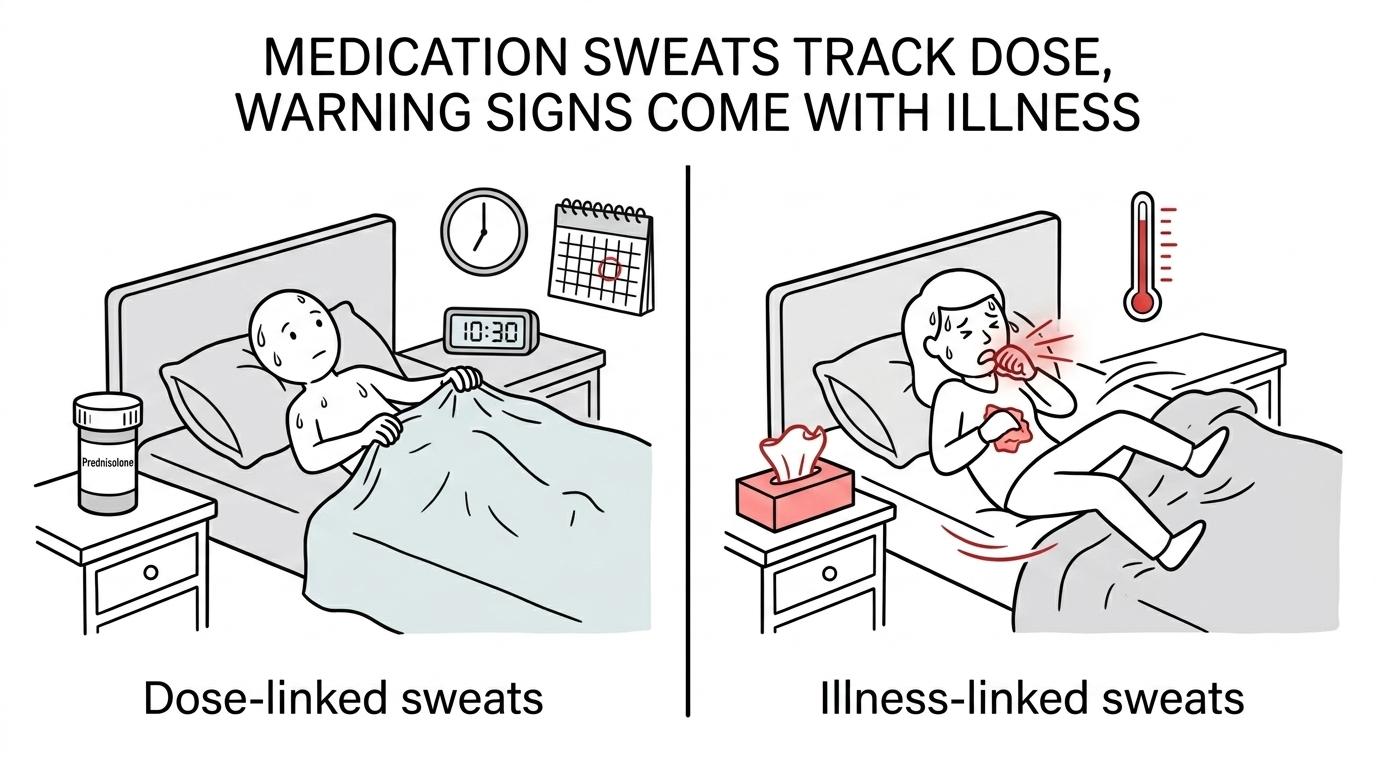 Side-by-side comparison of prednisolone-related night sweats versus warning signs like infection or high blood sugar.