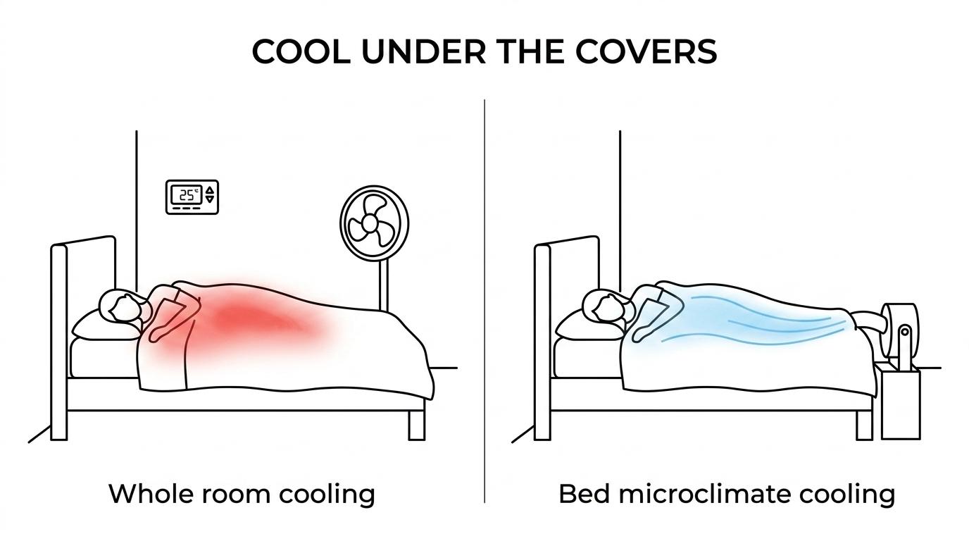 Side-by-side view of a person in bed: one side shows heat trapped under blankets, the other shows room air flowing under the sheets to carry heat away.
