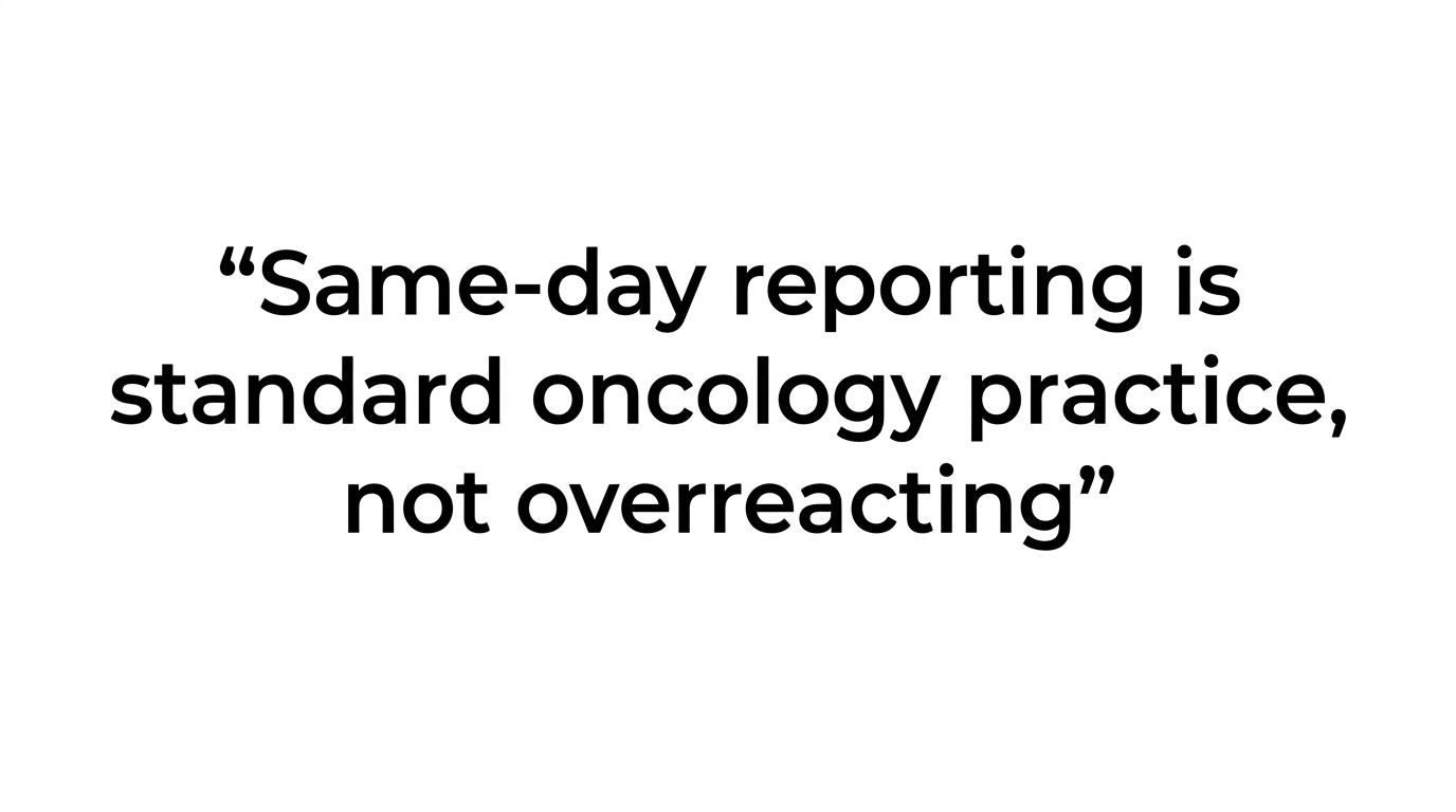 Highlighted quote stating that same-day reporting is standard oncology practice, not overreacting.