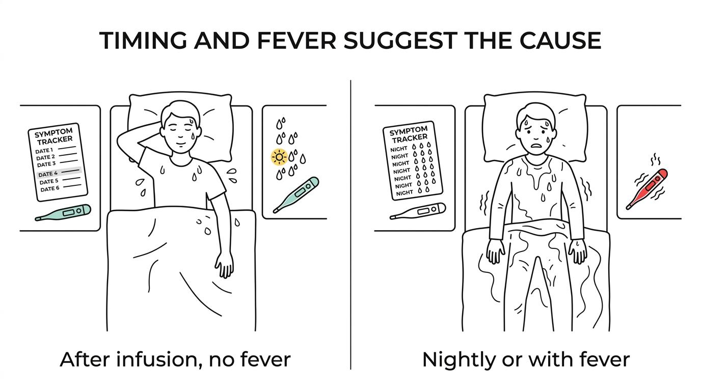 Side-by-side comparison of pralatrexate-related, lymphoma-related, and infection-related night sweat patterns and warning signs.