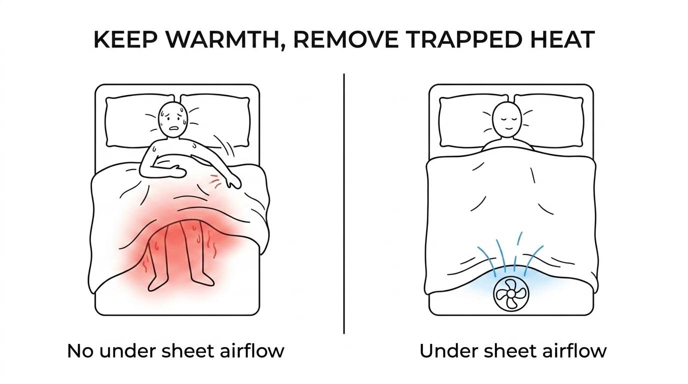 Side-by-side view of a bed with trapped heat and sweat under an electric blanket versus the same bed with a bed fan moving air under the covers.