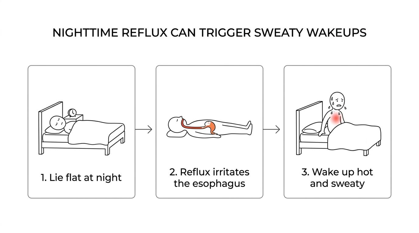 A step-by-step visual showing lying flat at night leading to longer acid exposure, reflux symptoms, sudden awakening, and sweating.
