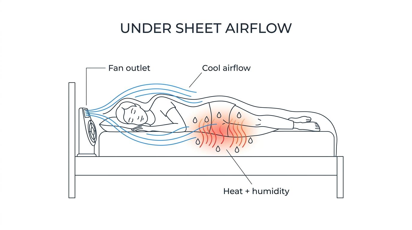 Cross-section of a bed showing a sleeper under sheets with heat and moisture trapped around the body and cool airflow moving between the sheets.