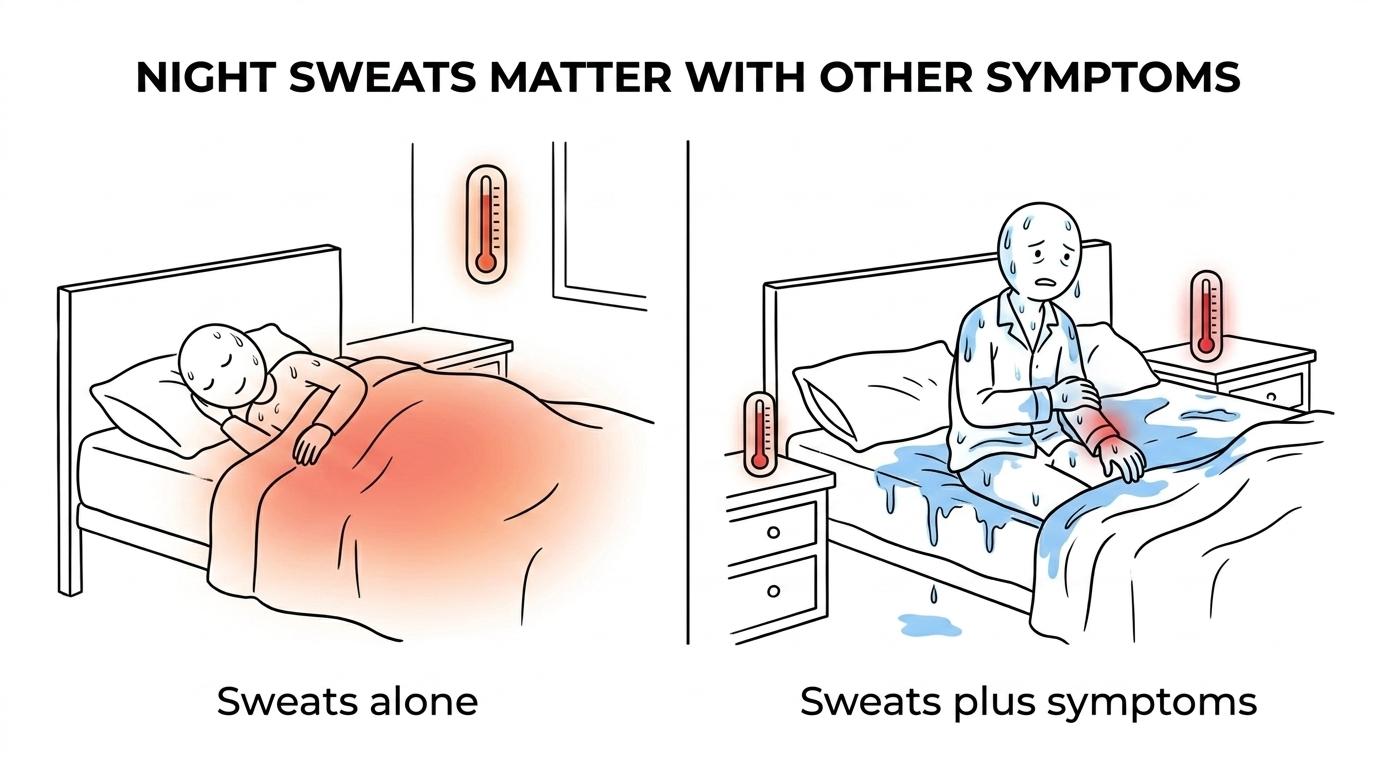 Side-by-side comparison of isolated night sweats from common triggers versus drenching night sweats with weight loss, diarrhea, joint pain, and fatigue.