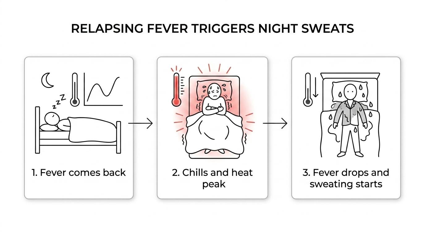 Flow showing rodent bite or exposure leading to Spirillum minus infection, recurring fever and chills, then heavy night sweating as the fever breaks.