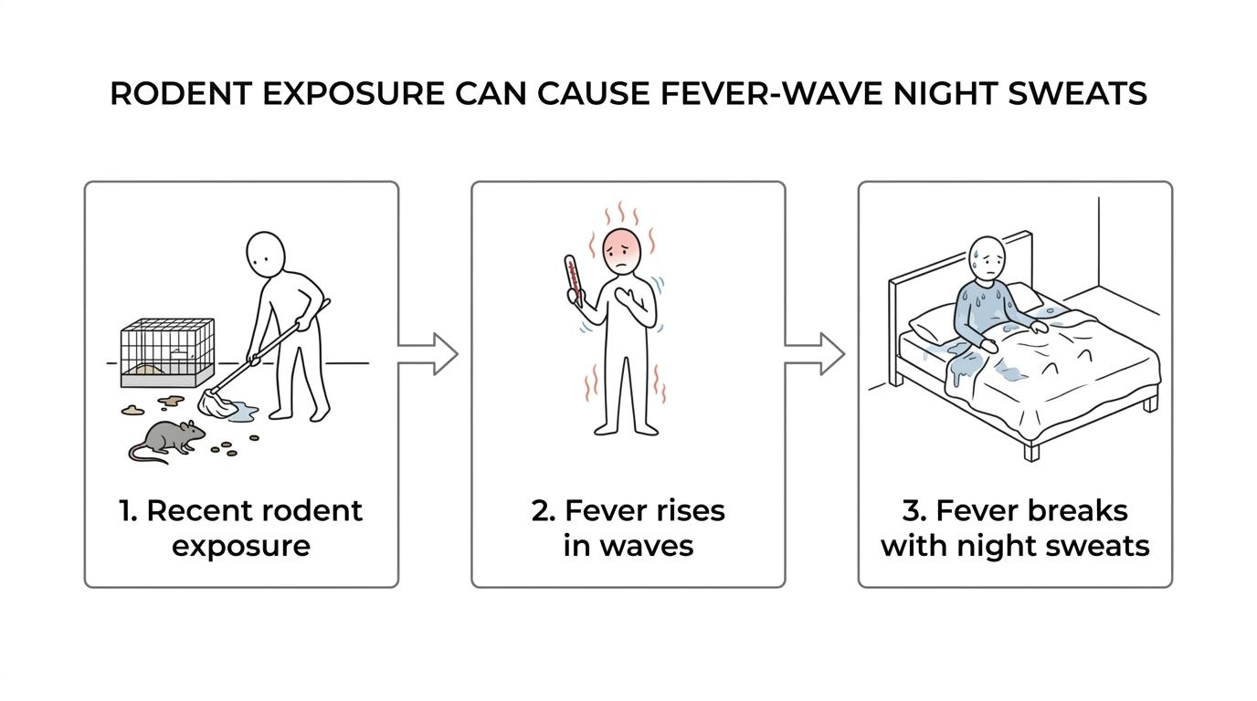 Flow diagram showing rodent exposure leading to rat-bite fever, fever spikes, night sweats, other symptoms, and prompt medical care.