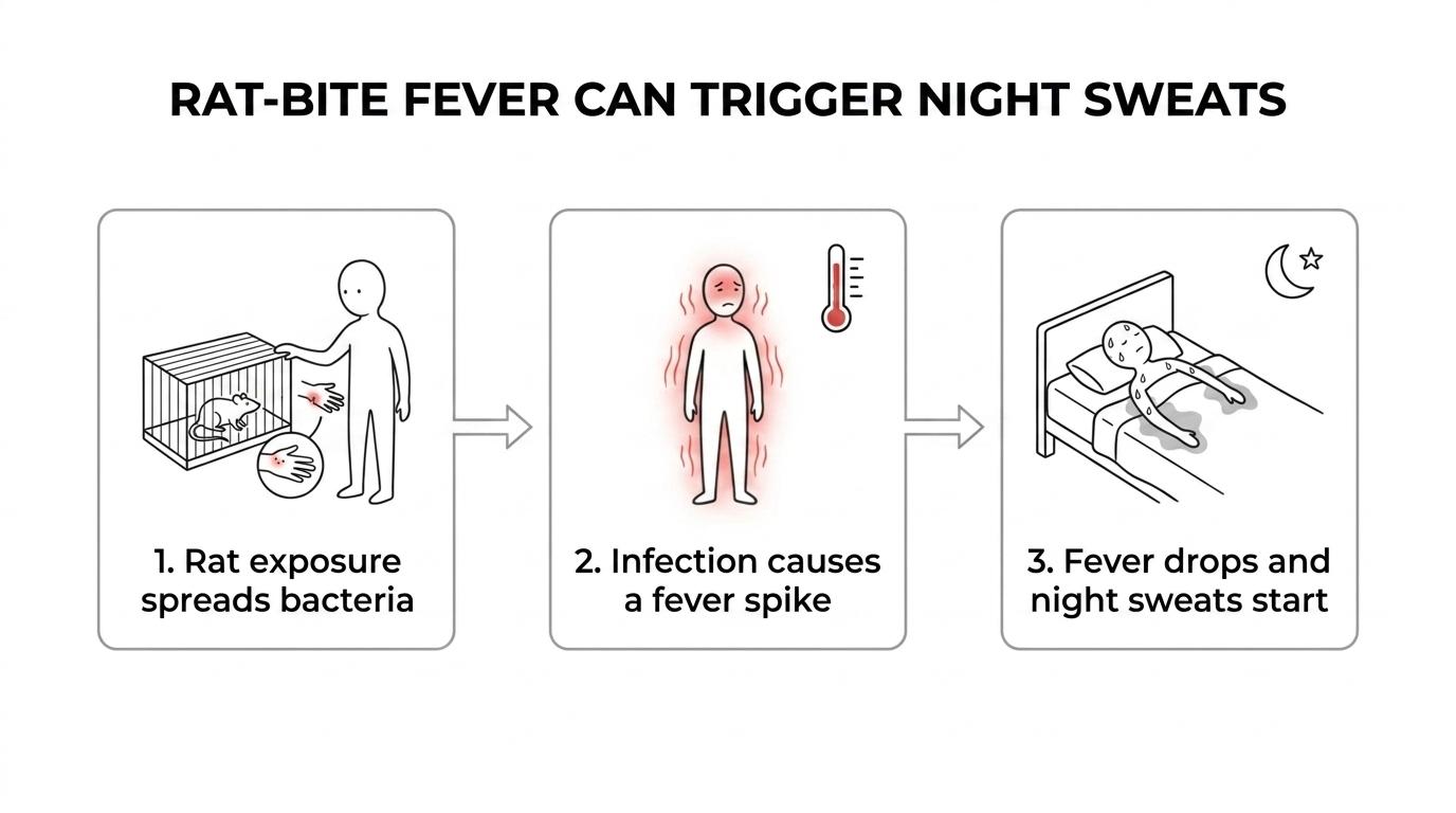 Diagram showing rodent exposure leading to infection, fever spikes, chills, and heavy night sweating during sleep.