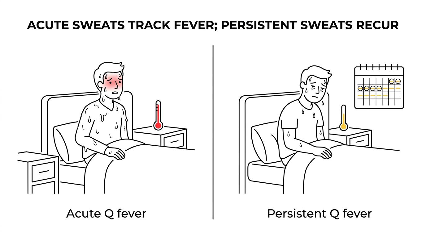 Side-by-side comparison of acute Q fever and persistent Q fever, showing duration, common symptoms, risk factors, and how night sweats differ.