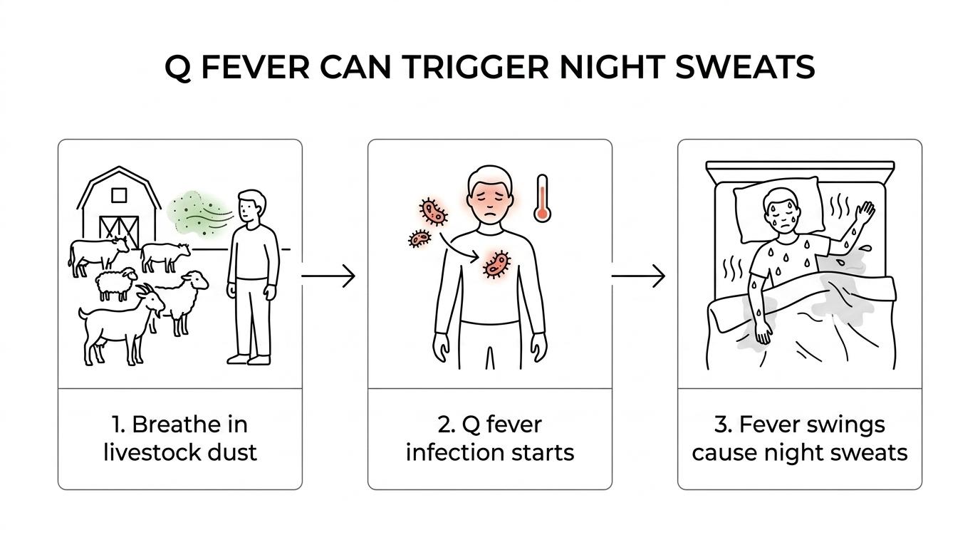 A step-by-step diagram showing livestock exposure leading to Q fever infection, fever and inflammation, and heavy night sweating during sleep.
