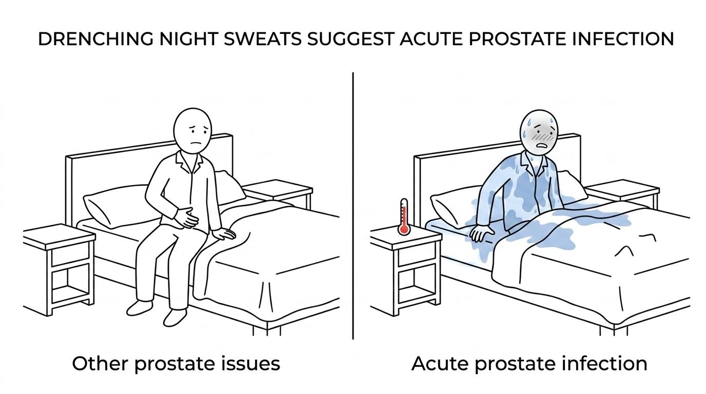 Side-by-side comparison of acute bacterial prostatitis, chronic pelvic pain syndrome, and enlarged prostate, showing that fever, chills, and drenching night sweats are most associated with acute infection.
