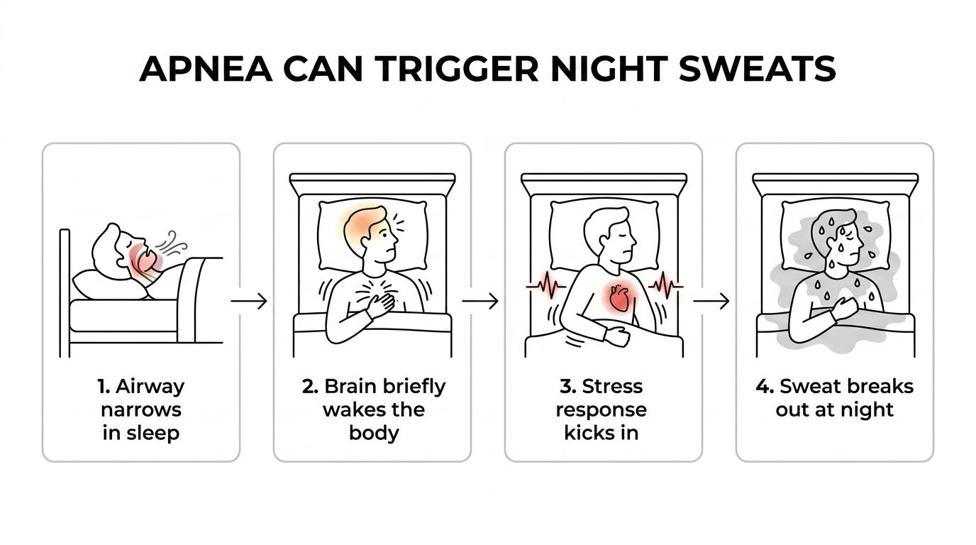 Step-by-step diagram showing the airway narrowing during sleep, oxygen dropping, the brain briefly waking the sleeper, and sweating as heart rate and stress response rise.