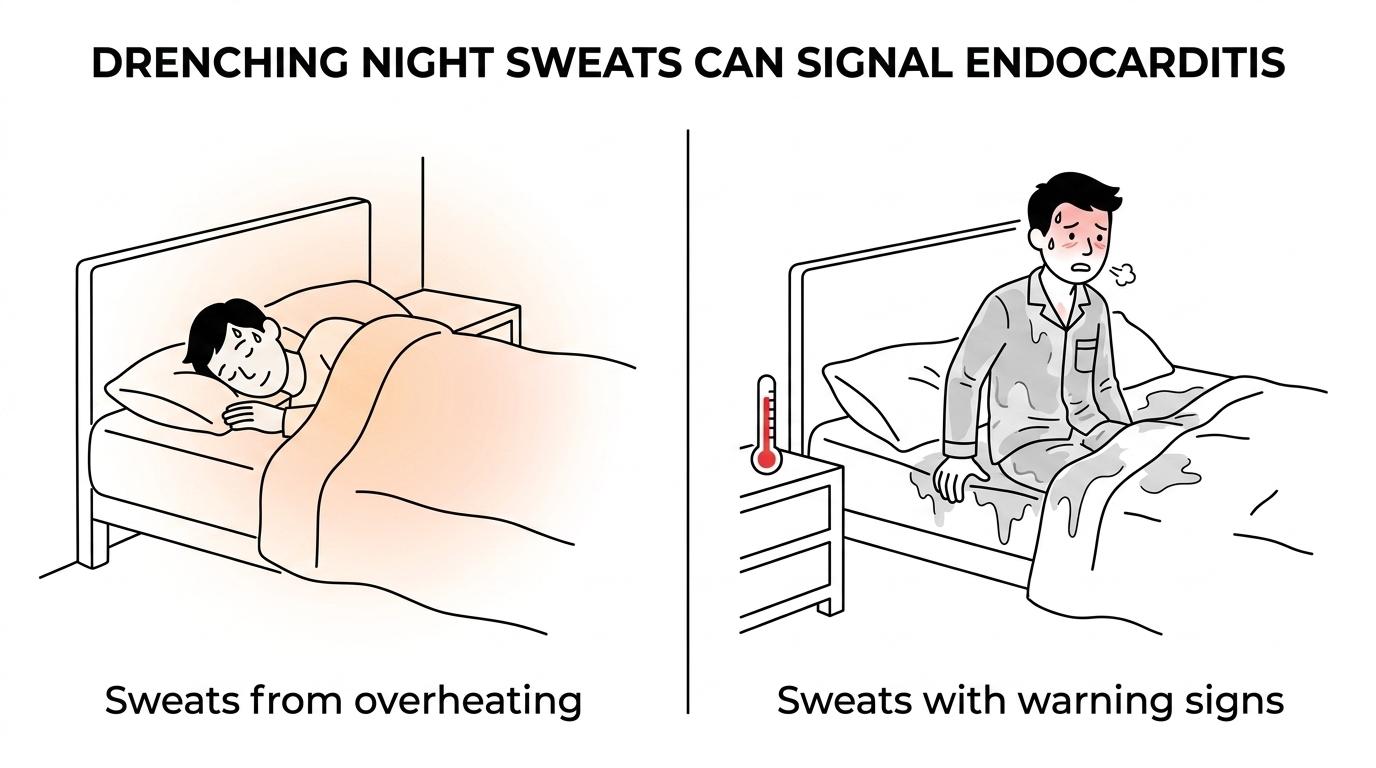 Side-by-side comparison of occasional night sweating from common triggers versus drenching night sweats with fever, fatigue, shortness of breath, and heart-risk warning signs.