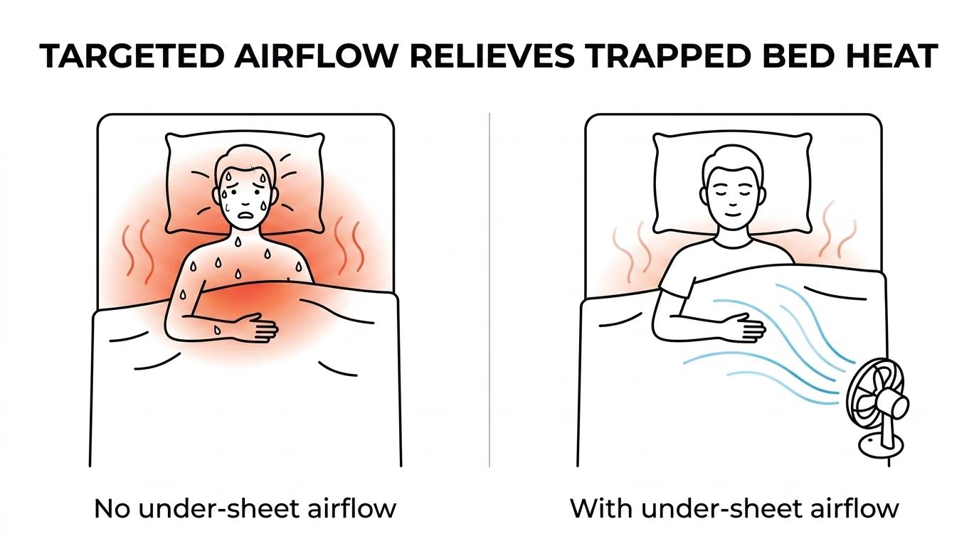 Side-by-side bed view showing trapped warm humid air under covers versus a bed fan pushing cooler room air under the top sheet.
